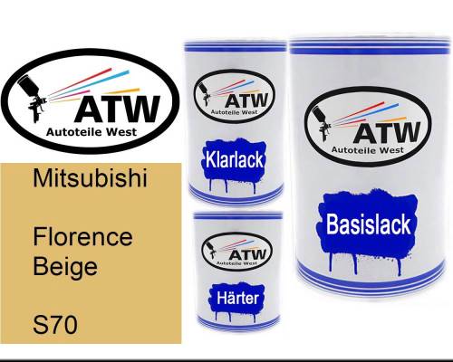 Mitsubishi, Florence Beige, S70: 500ml Lackdose + 500ml Klarlack + 250ml Härter - Set, von ATW Autoteile West.